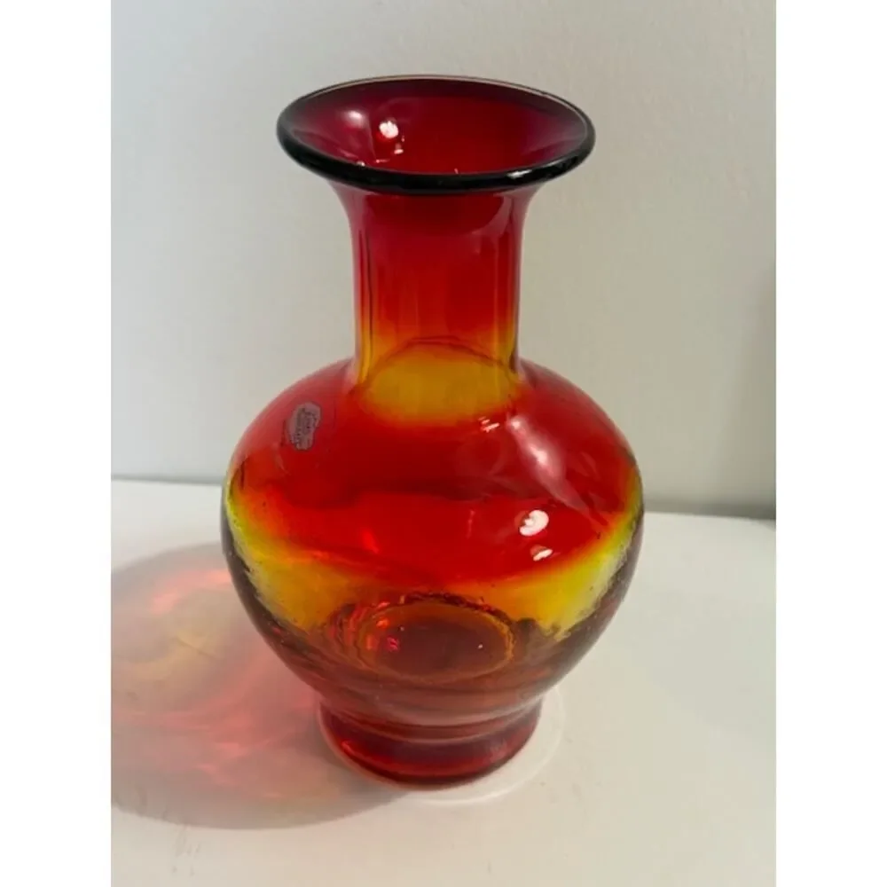 BLENKO Tangerine Amberina Blown Glass Vase Vintage Art Glass Sticker Signed